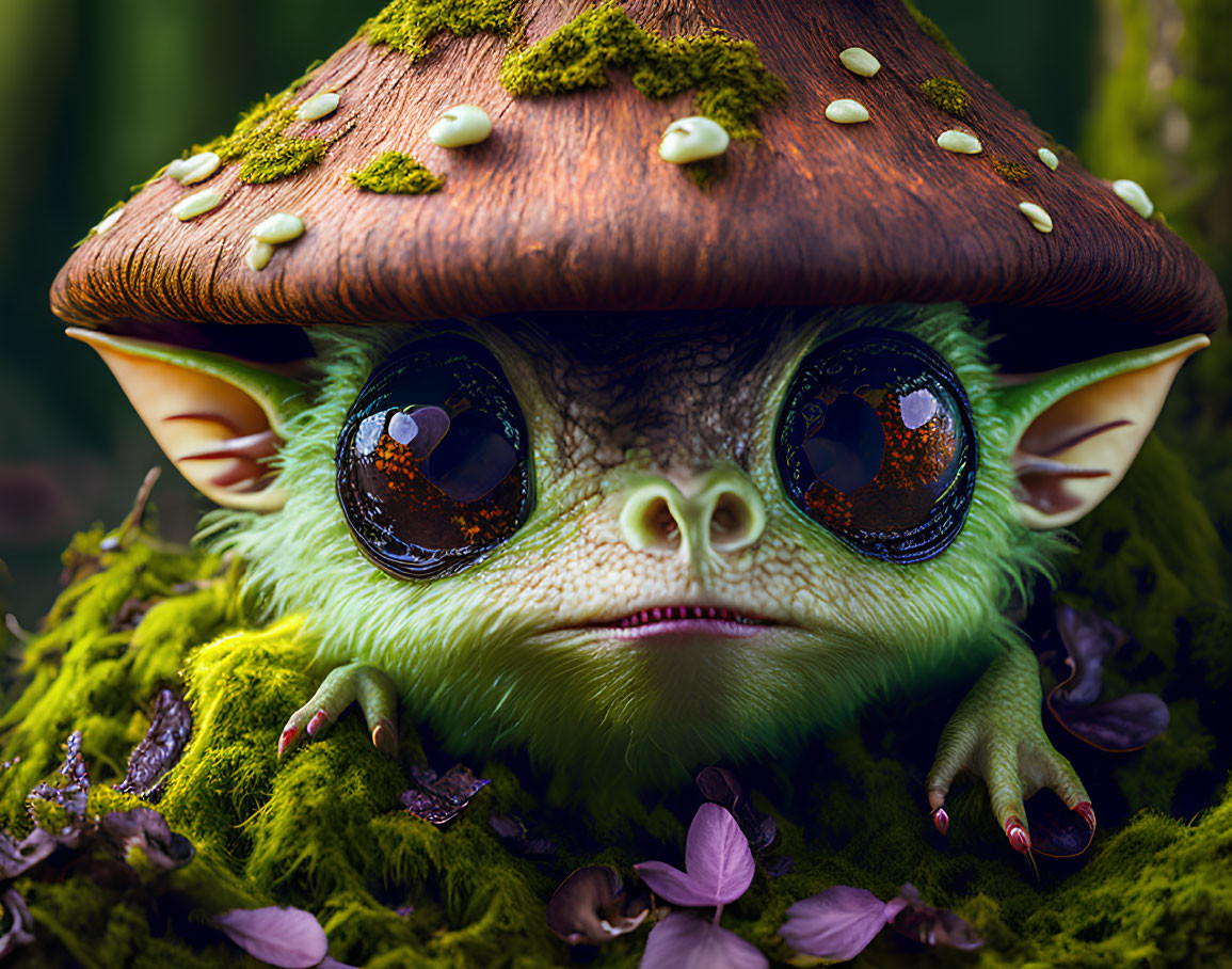 Fantastical creature with glossy eyes and leaf-like ears camouflaged in greenery.
