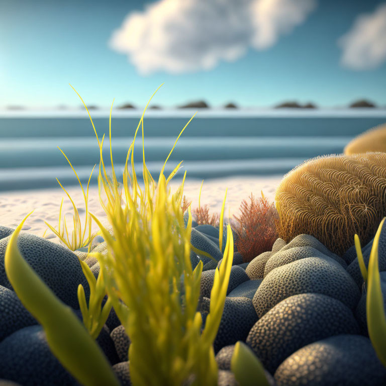 Sea Grass and Coral on Pebbly Shore with Calm Ocean and Islands in Background