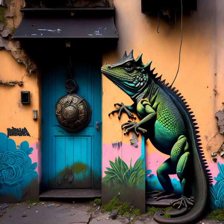 Colorful street art featuring green iguana mural on weathered building with blue door and bronze kn