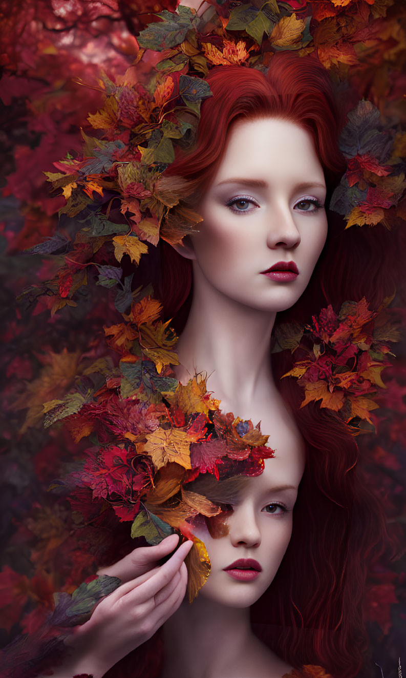 Pair with Red Hair Surrounded by Autumn Leaves