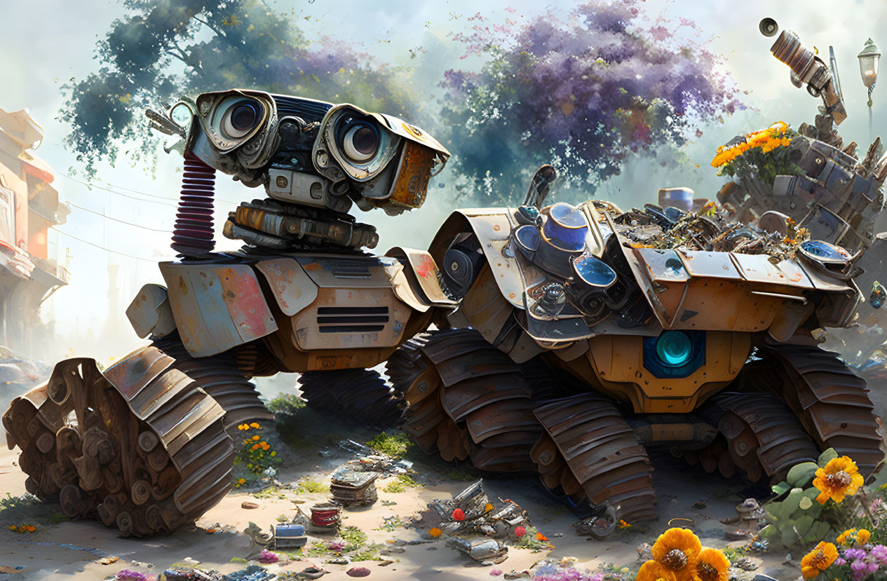 Friendly robots in colorful post-apocalyptic landscape with flowers and debris