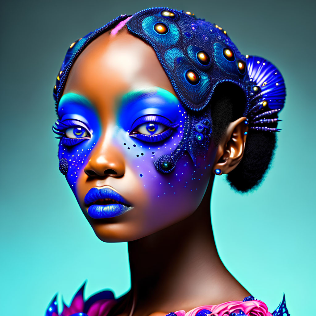 Blue-skinned woman with octopus-like patterns in digital art