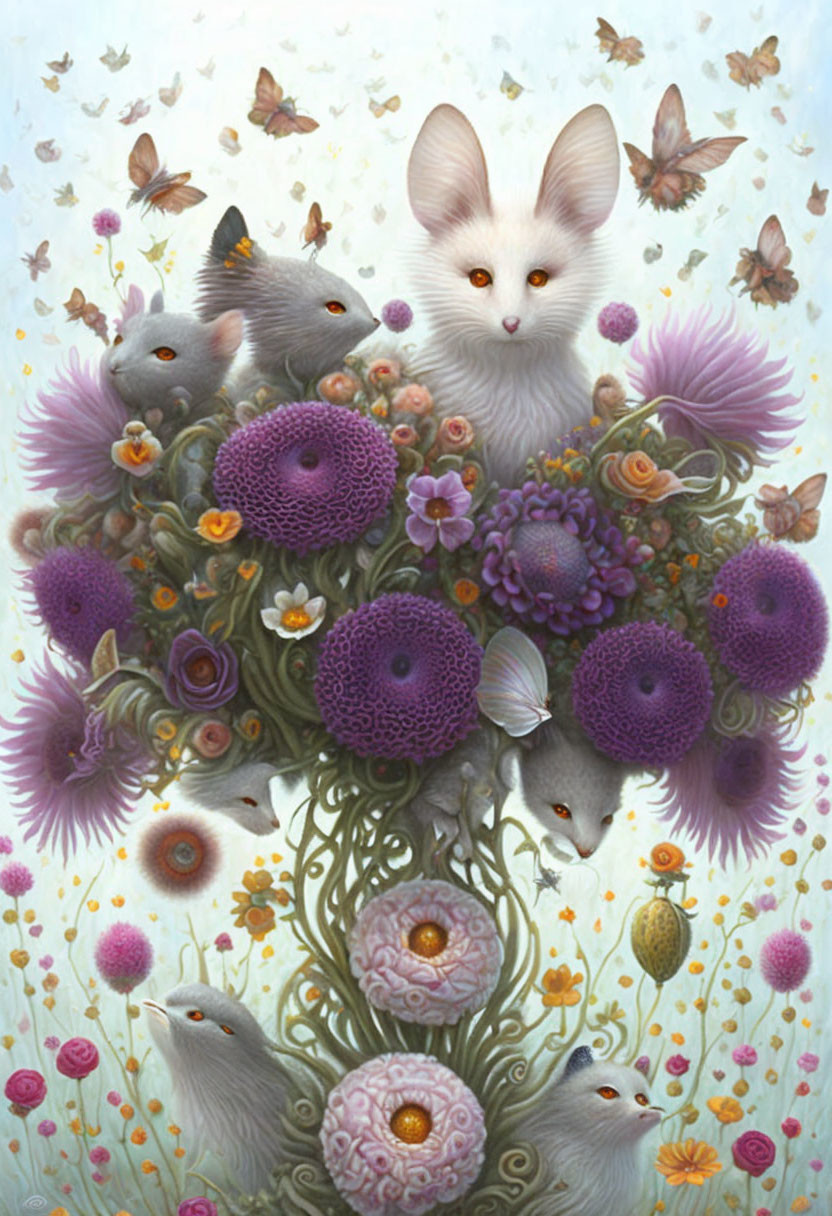 Whimsical painting featuring white fox, grey rabbits, purple flowers, and butterflies