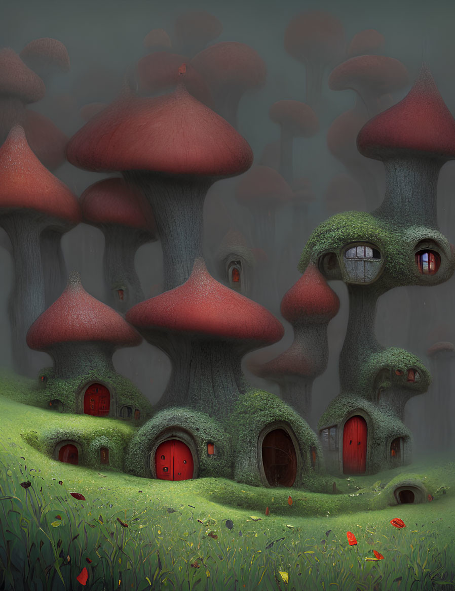 Fantastical mushroom houses in misty forest scene