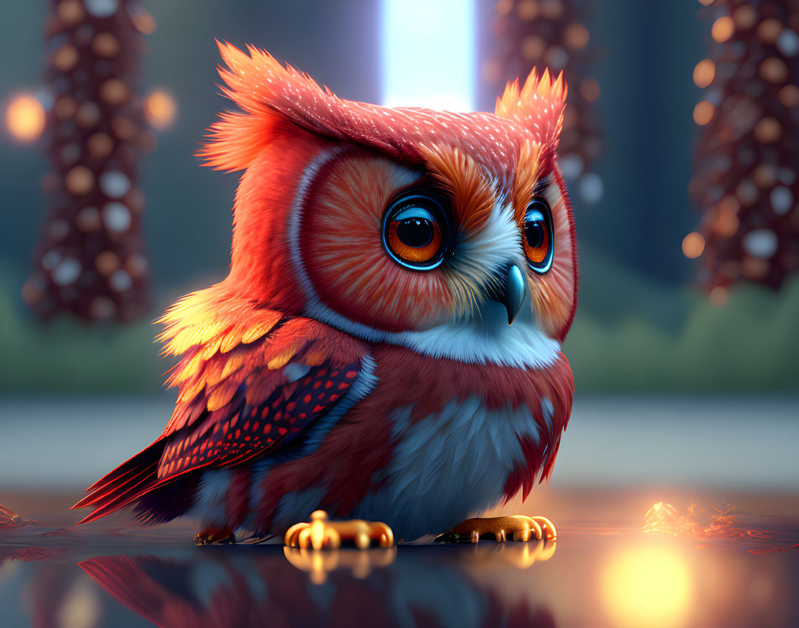 Stylized cute red-and-white owl in dimly lit forest