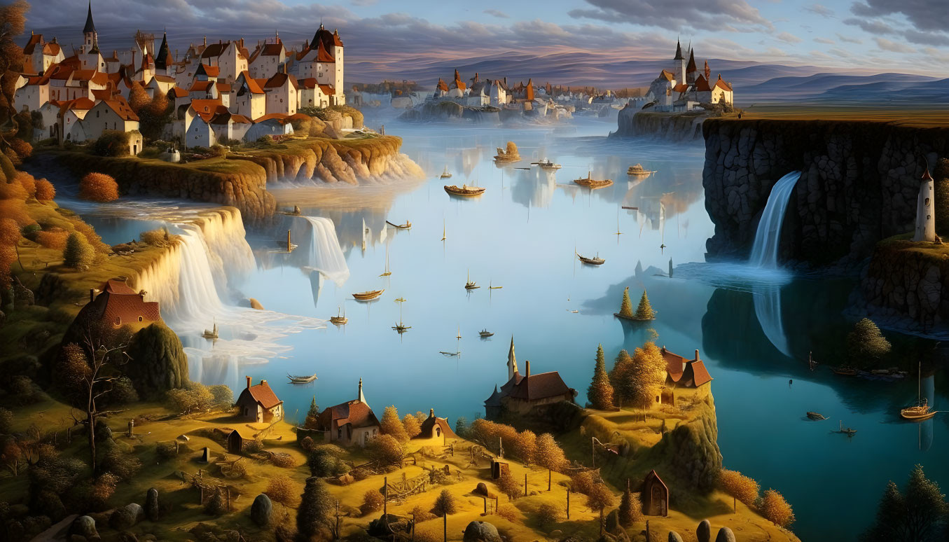 Fantasy landscape with village, waterfalls, boats, river, and castles under warm sky
