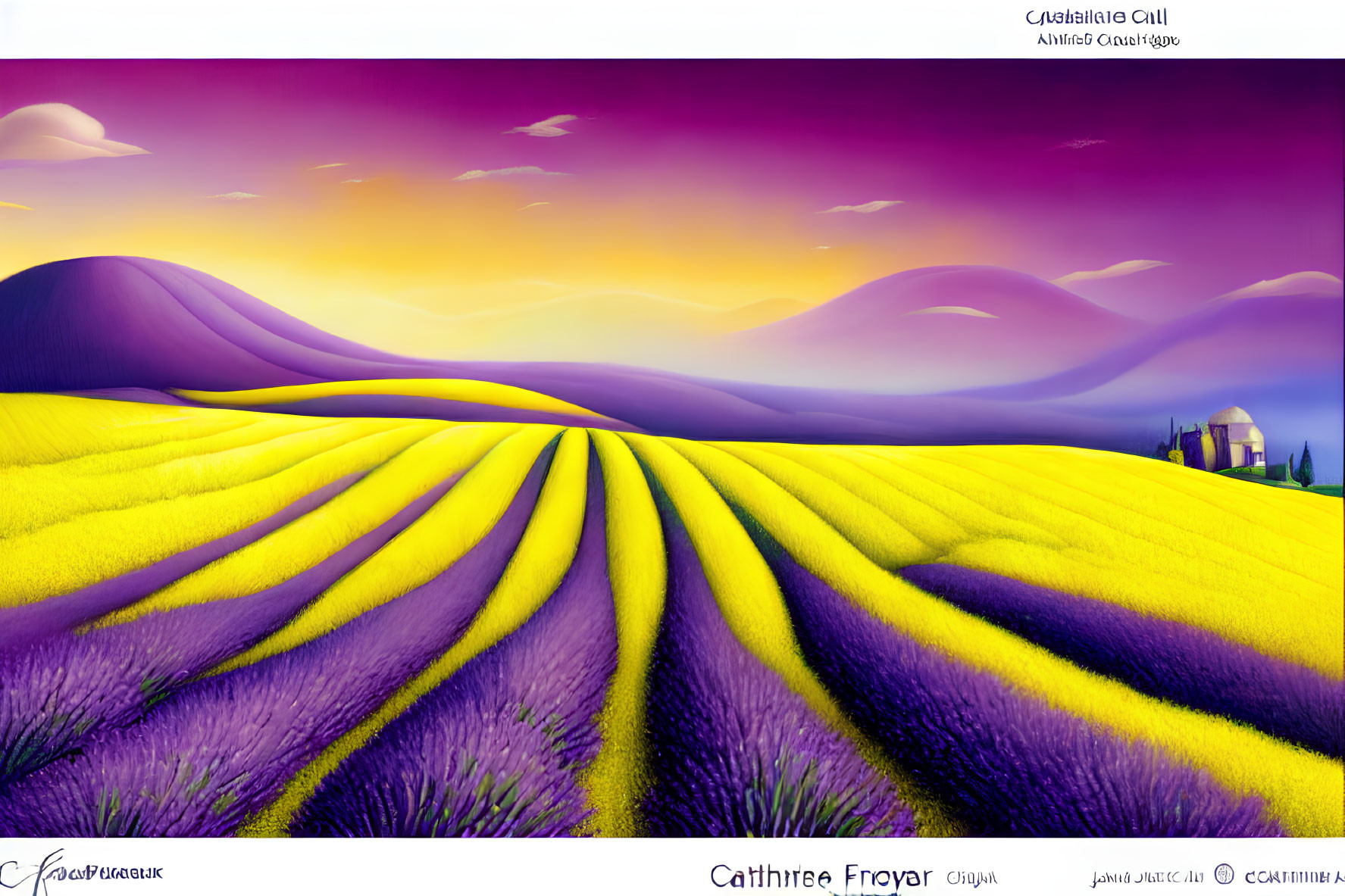 Lavender Fields Landscape Painting with Sunset Sky and Surreal Hills