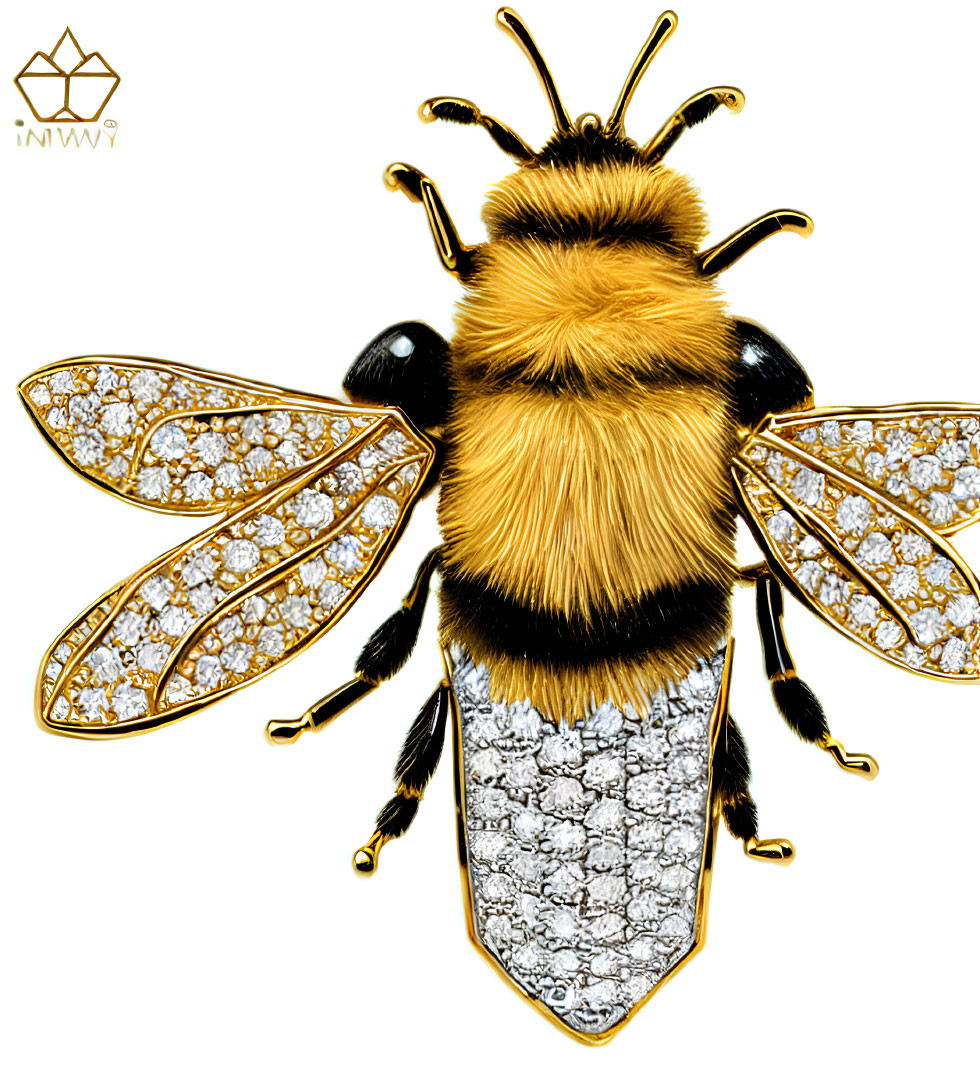 Golden bee with diamond-patterned wings on white background with crown logo.