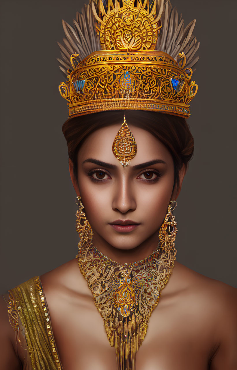 Intricate golden headdress and traditional attire on woman