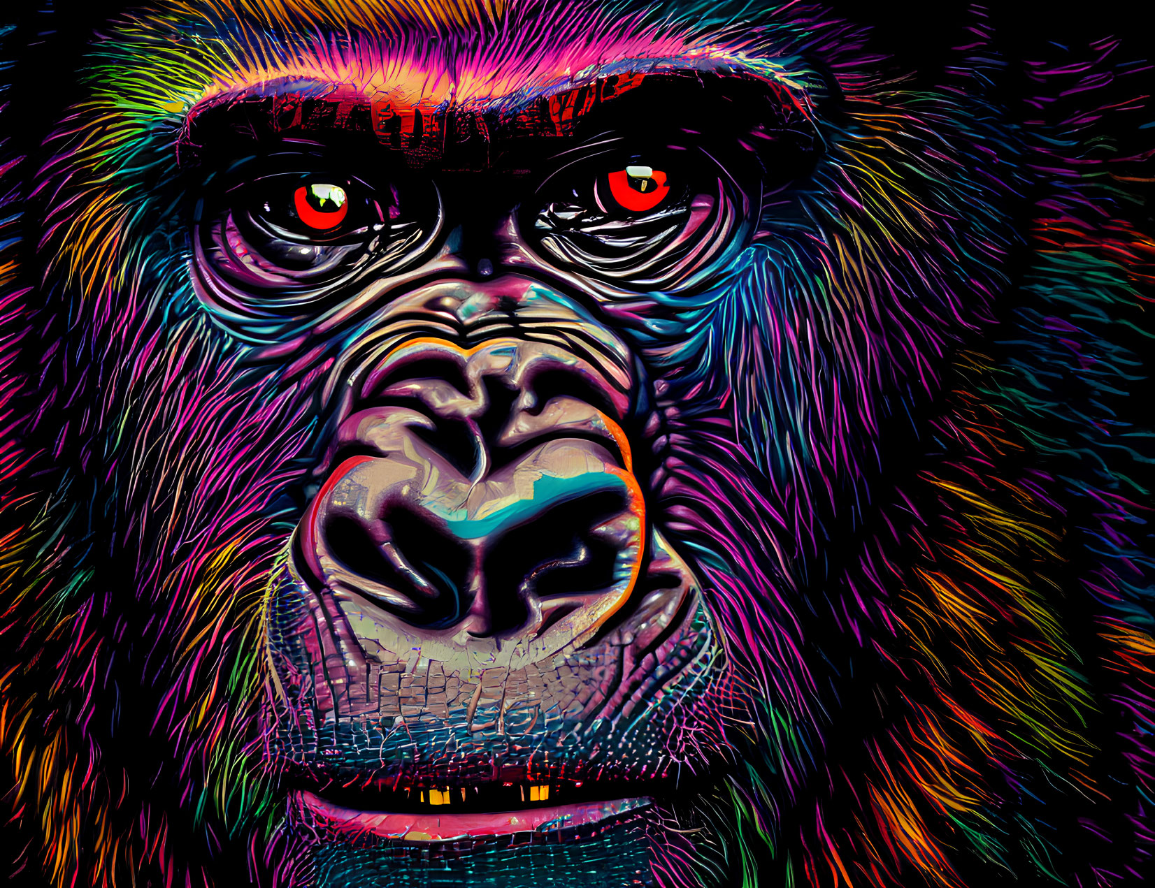 Colorful Neon Gorilla Face Artwork with Red Eyes and Multi-Colored Fur