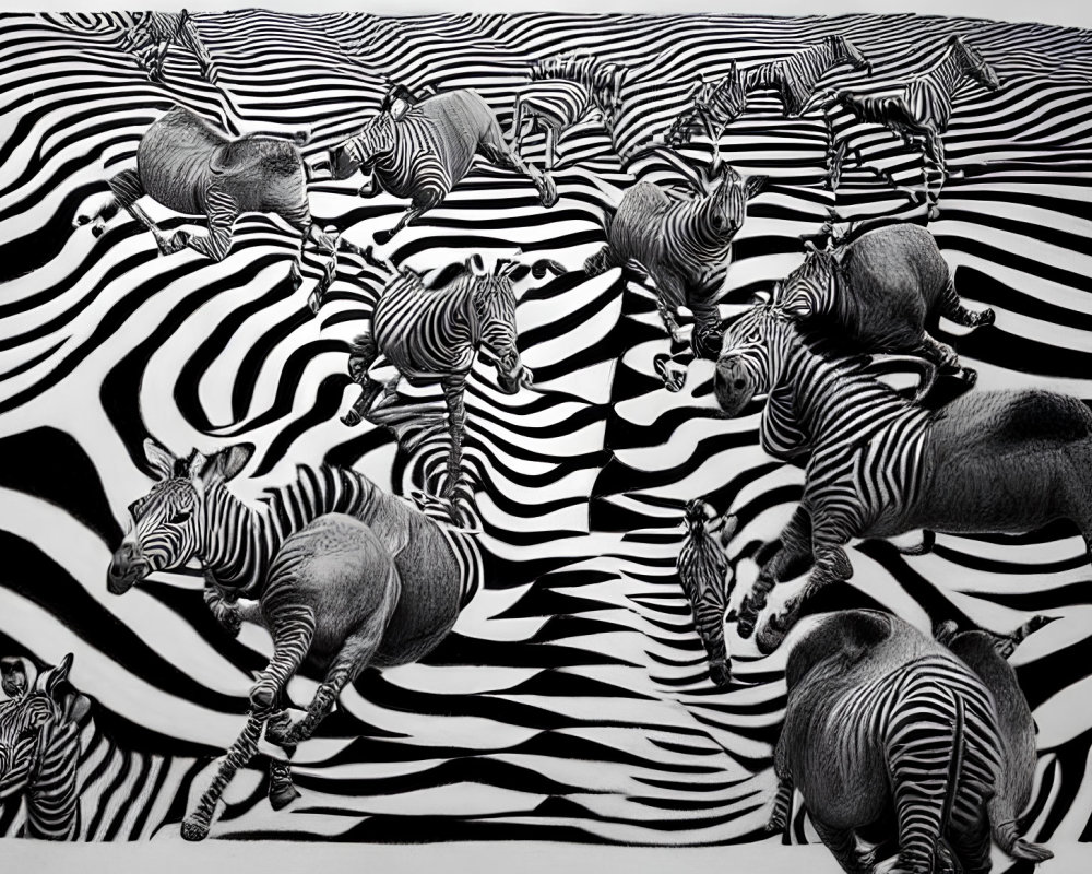 Monochrome illustration of zebras blending with striped background