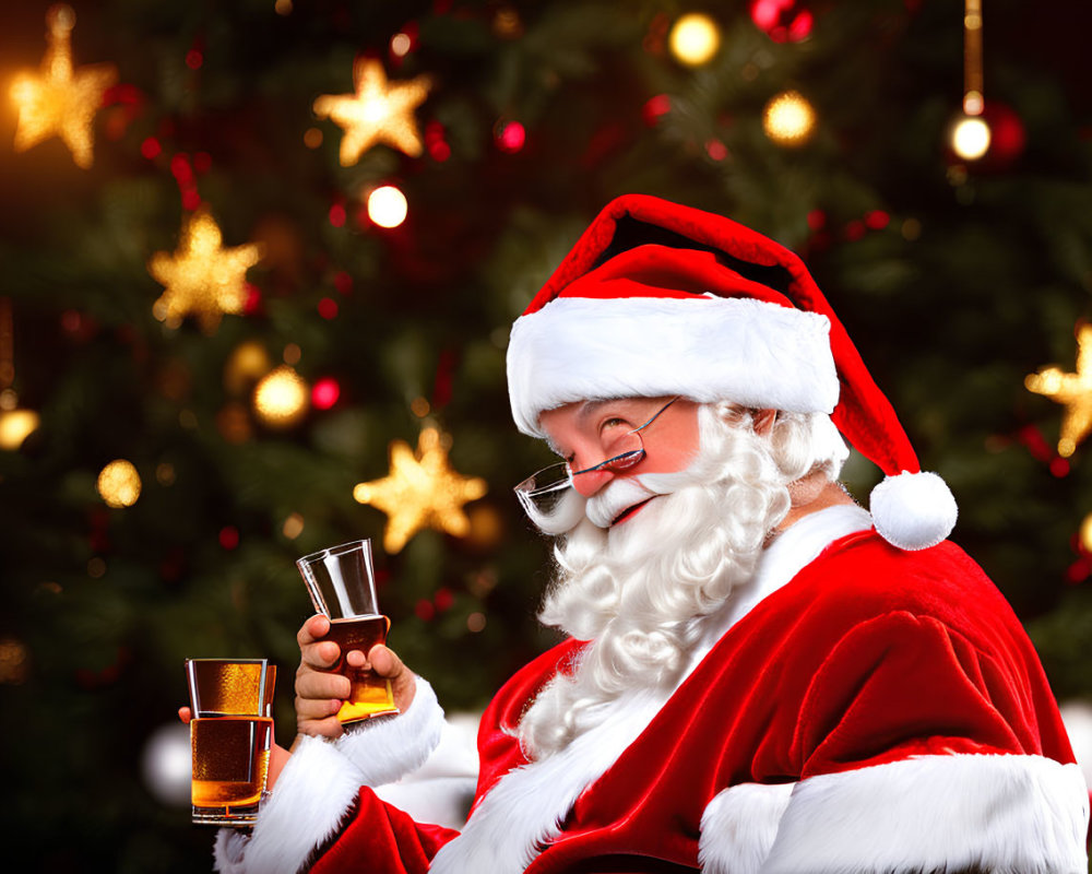 Santa Claus holding a beverage by a Christmas tree