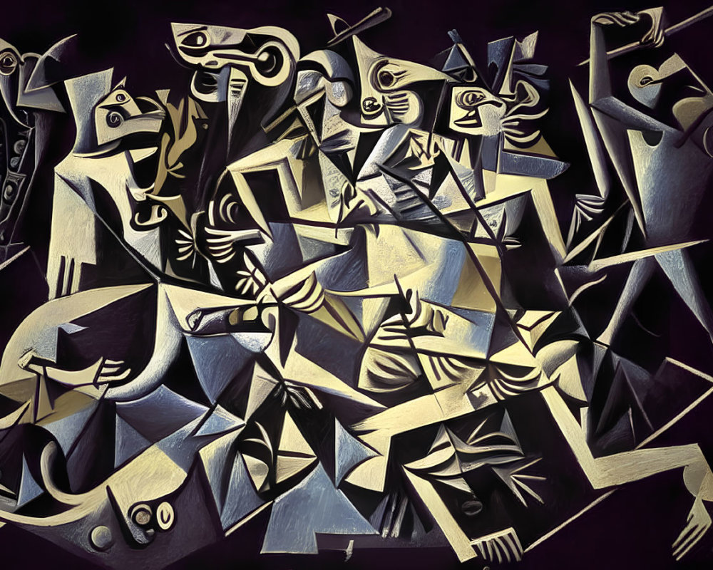 Monochromatic Cubist painting with fragmented shapes and figures