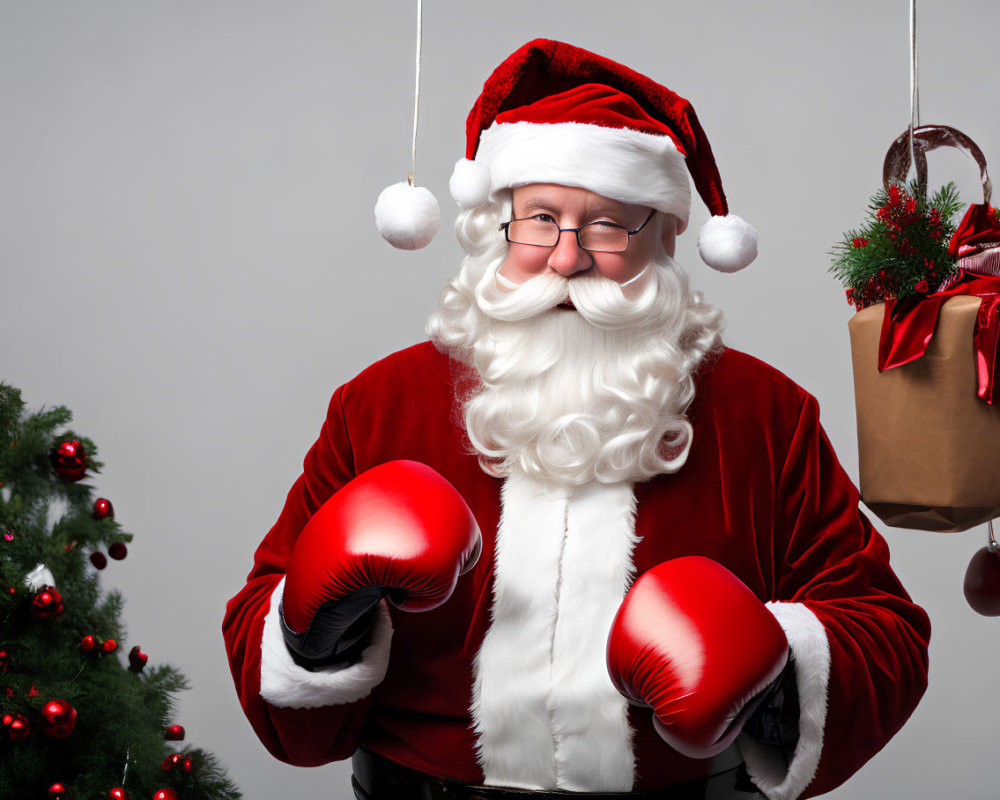 Santa Claus costume with boxing gloves near Christmas tree and gift