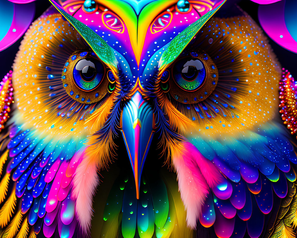 Colorful Owl Artwork with Neon Feathers and Luminous Eyes