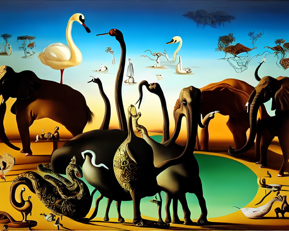 Surreal Nature Art with Elephants, Swans, and Creatures in Distorted Proportions