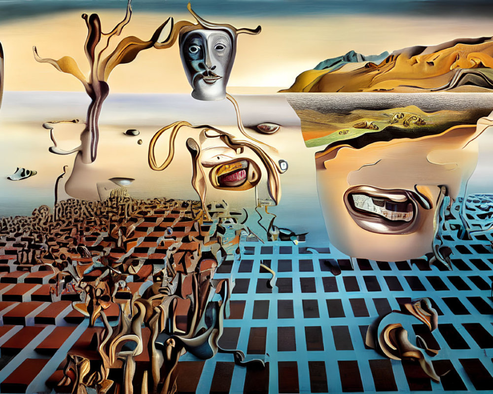 Surreal painting featuring melting clocks, distorted faces, checkerboard landscape, and fluid forms.