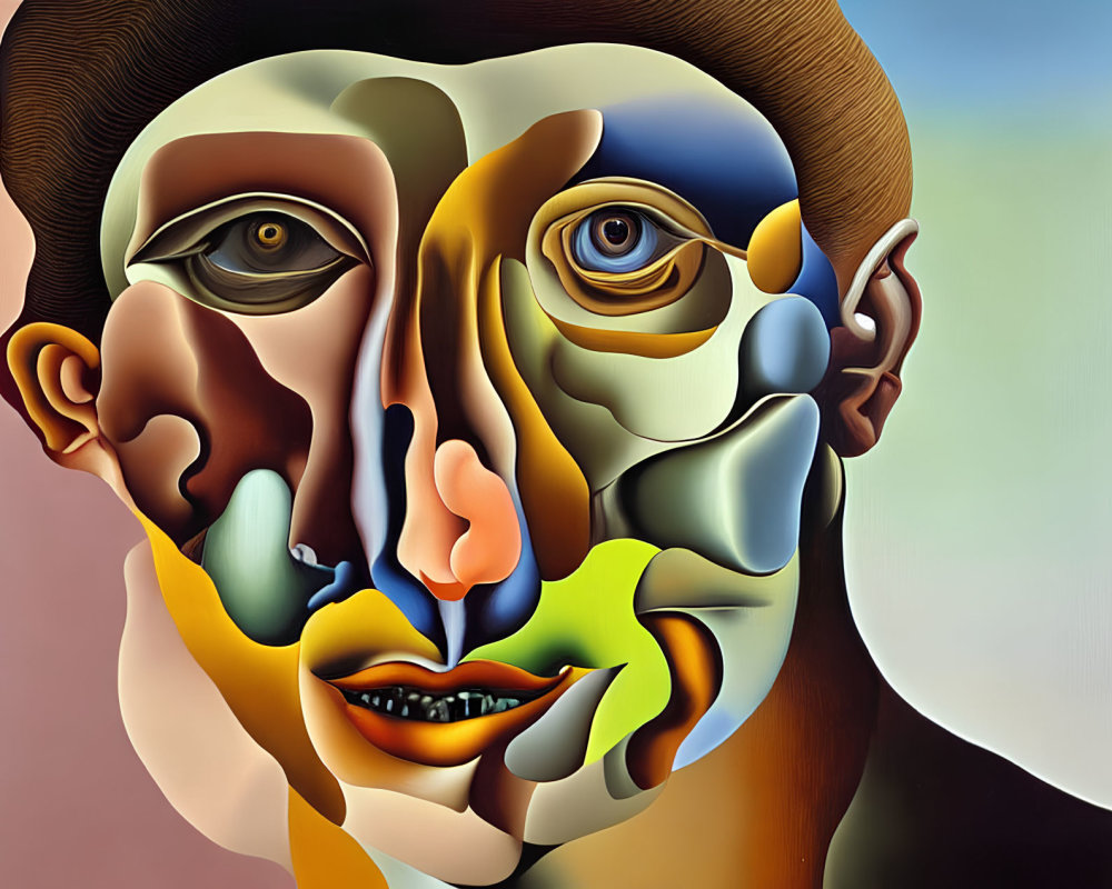 Abstract surreal portrait with multi-colored facial features and distorted shapes on gradient background with brown hat