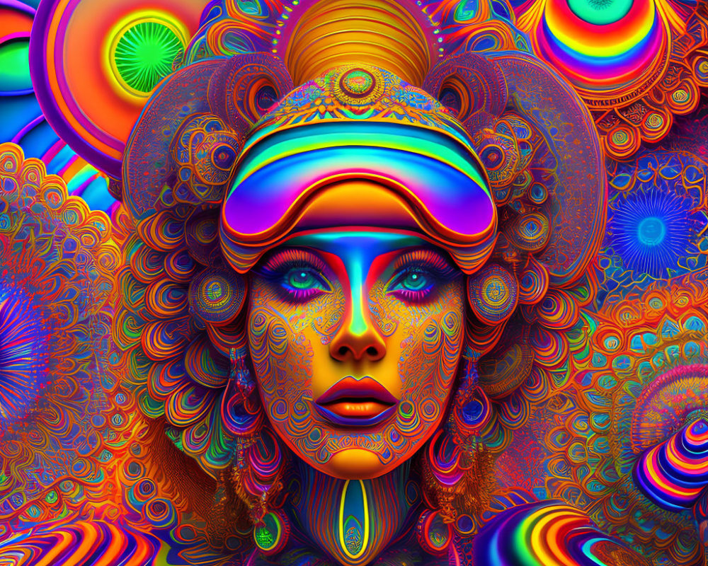Colorful psychedelic digital artwork of woman's face with intricate patterns