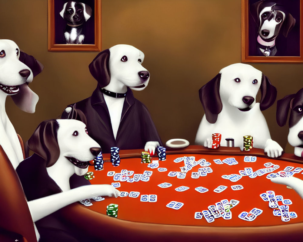 Anthropomorphic Dogs Playing Poker with Chips and Cards