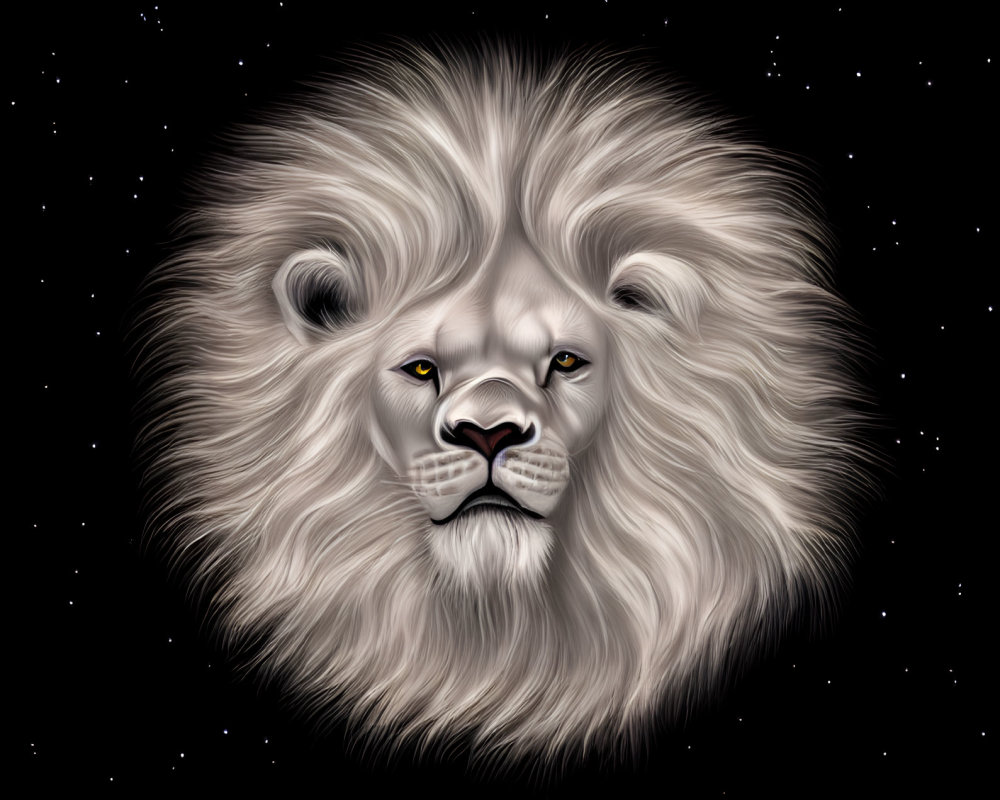 Majestic lion's head with full mane on starry night sky background