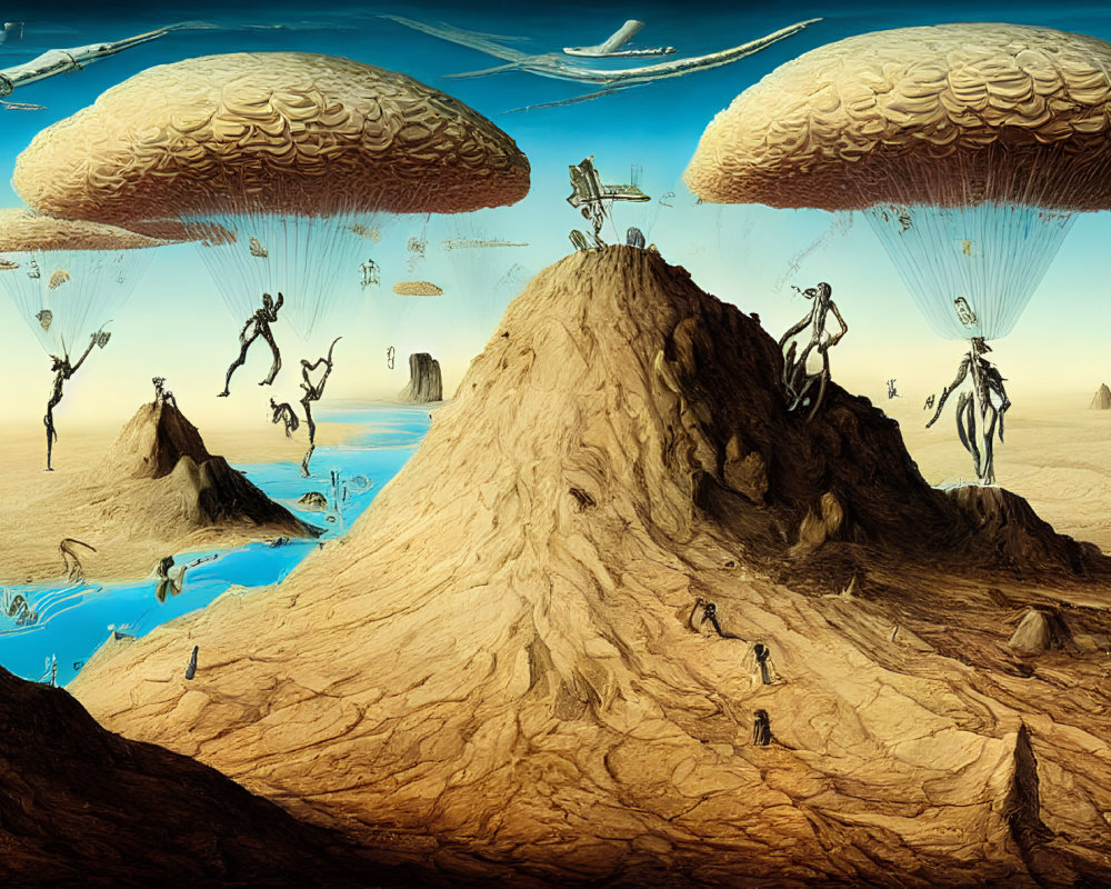 Surreal humanoid figures parachuting from mushroom clouds in a vibrant landscape