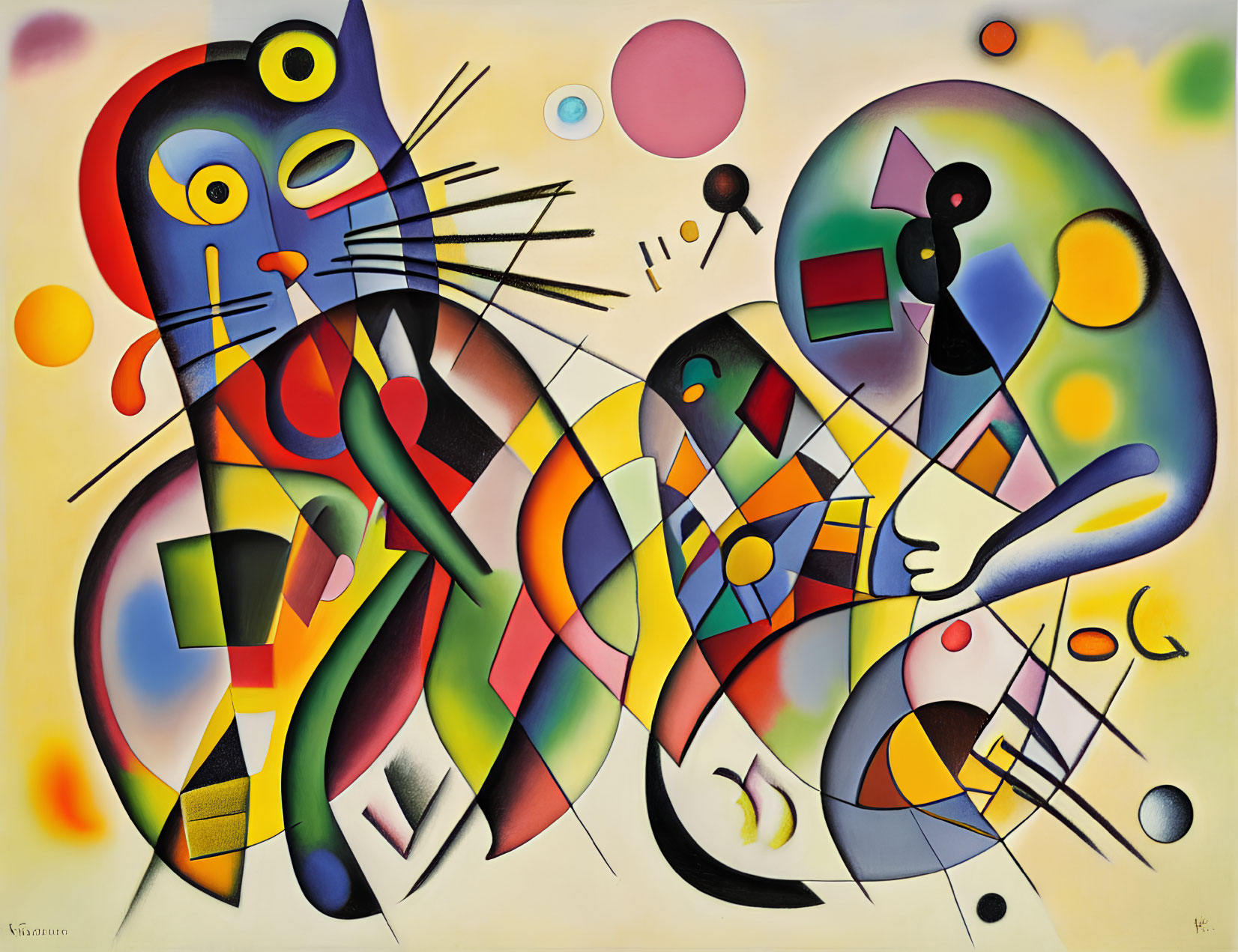 Colorful Abstract Painting: Stylized Cats with Geometric Patterns