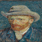 Orangutan with human-like eyes in straw hat on Van Gogh-style background