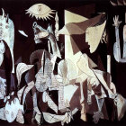 Monochromatic Cubist painting with fragmented shapes and figures