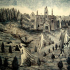 Spooky Halloween illustration with ghostly figures, jack-o'-lantern, castle, and bare trees