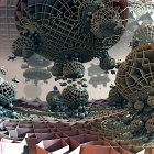 Surreal landscape with central tree, undulating patterns, floating orbs, and stylized buildings under