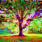 Colorful illuminated tree in misty park with rainbow lights
