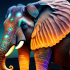 Colorful Elephant with Glowing Ornaments under Starry Night Sky