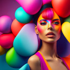 Colorful portrait of a woman with multicolored hair and glitter makeup against vibrant backdrop.