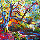 Colorful forest painting with twisted trees and vibrant leaves under a clear sky