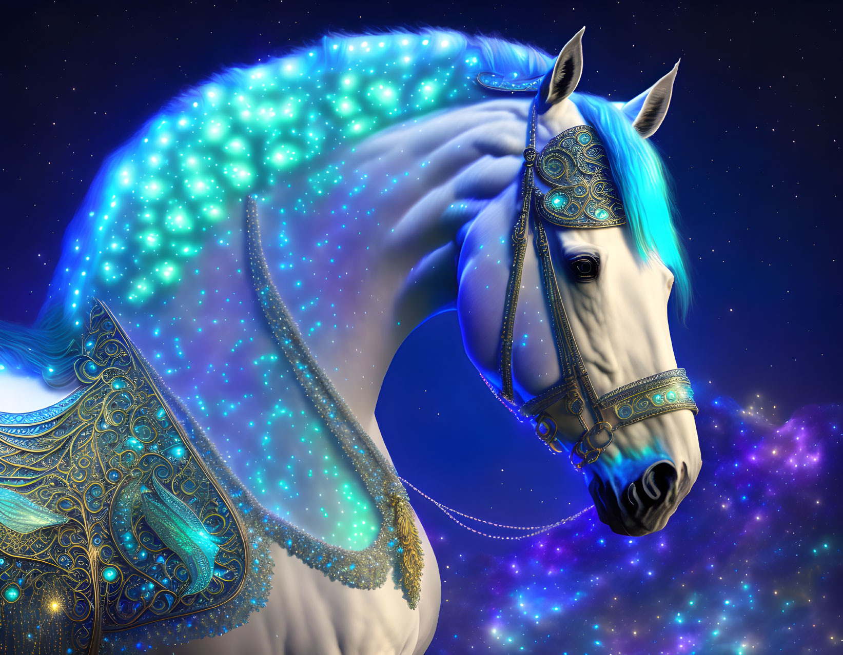 Majestic white horse with glowing blue mane and ornate teal and gold tack against starry night