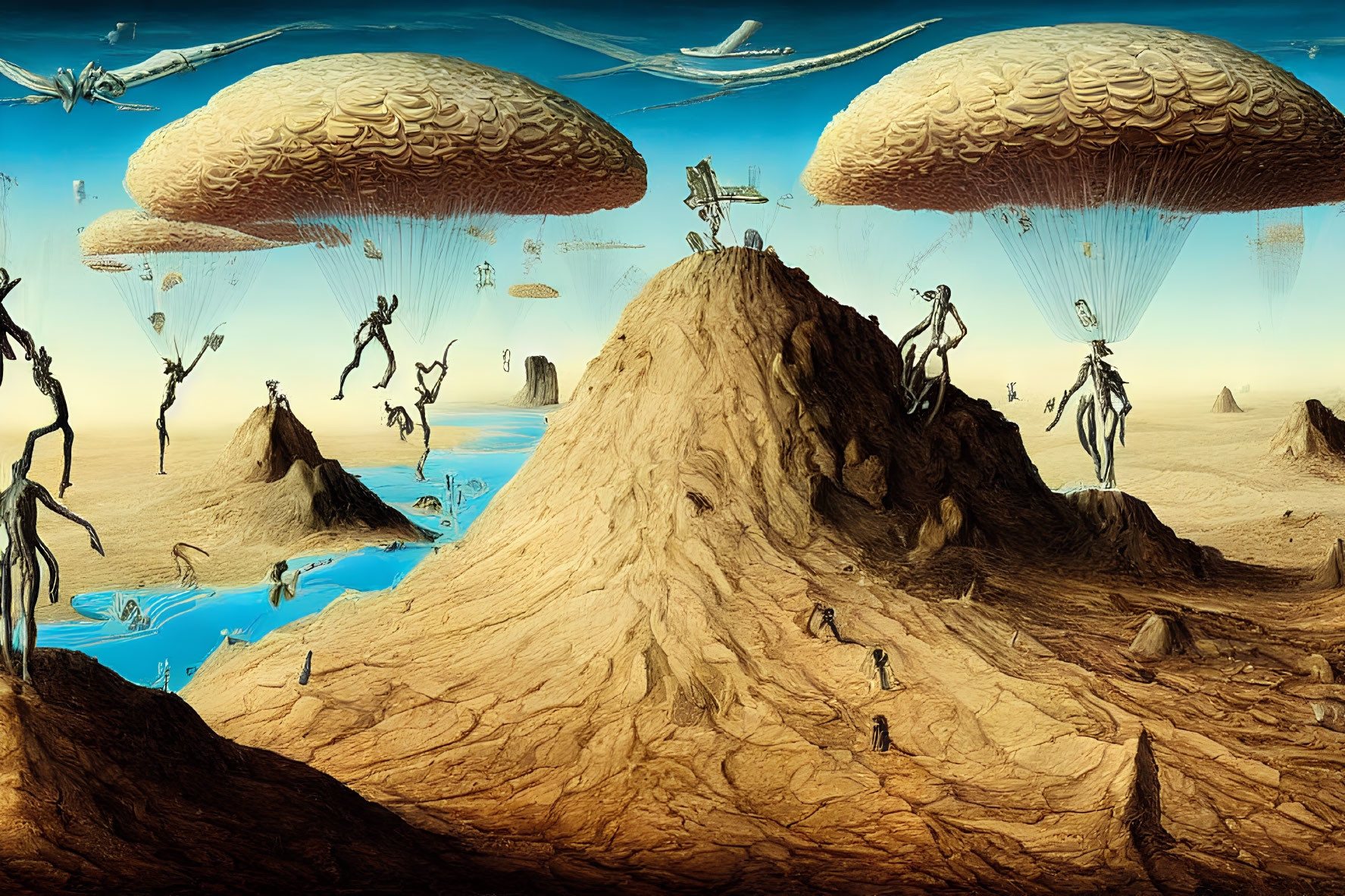 Surreal humanoid figures parachuting from mushroom clouds in a vibrant landscape