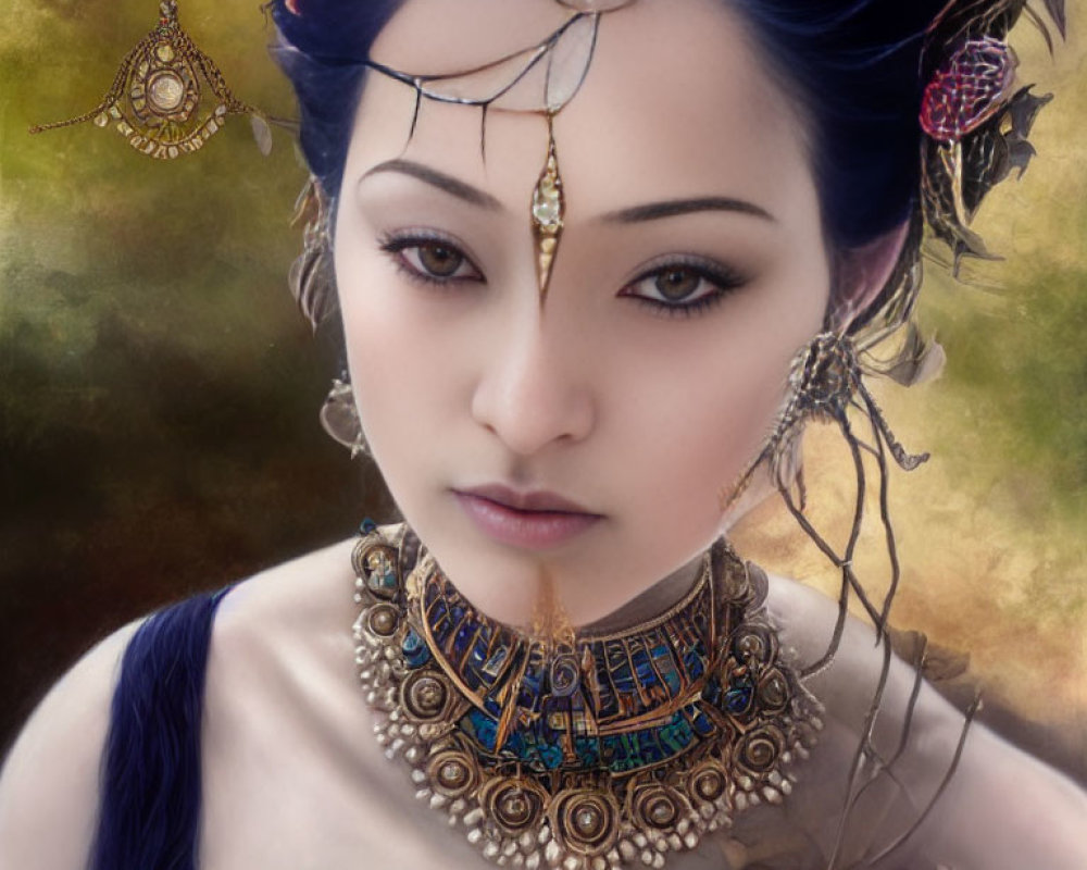 Portrait of a Woman with Blue Hair and Ornate Gold Jewelry