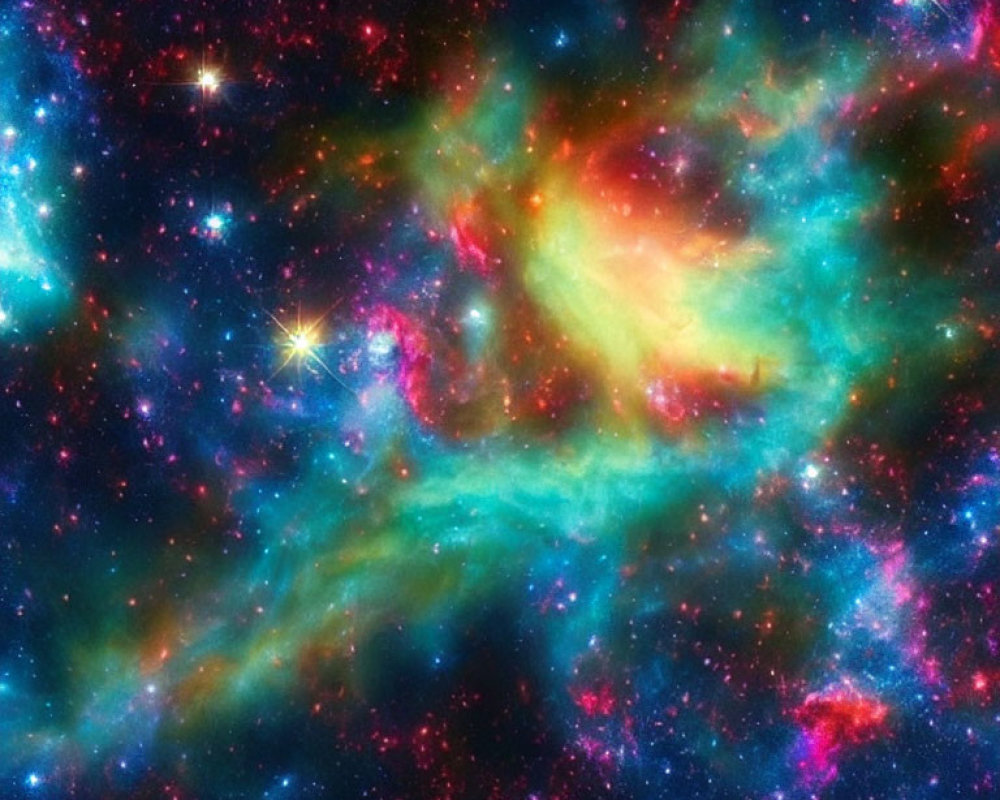 Colorful Swirling Nebula in Green and Red Amidst Multicolored Stars