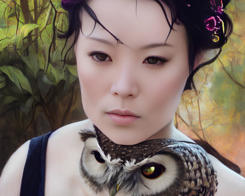 Digital artwork featuring woman with owl on shoulder against natural backdrop