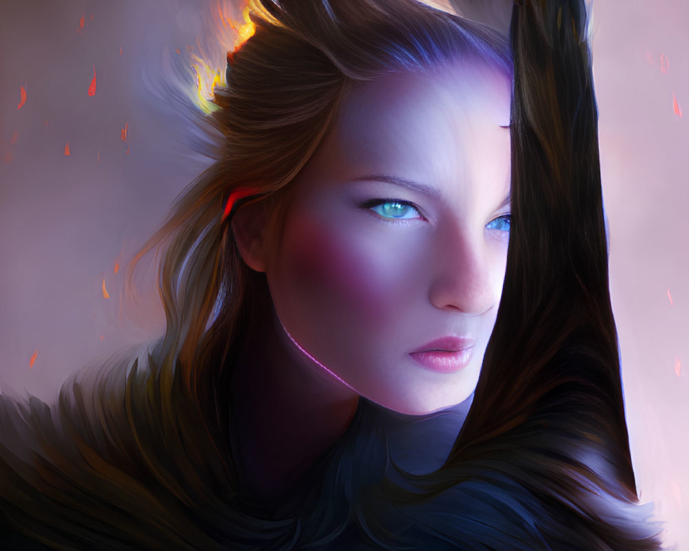 Illustration of woman with glowing blue eyes and fiery hair on violet background