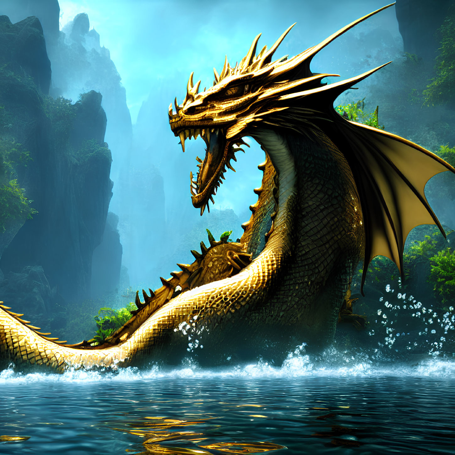 Golden dragon emerging from misty blue lake with green cliffs