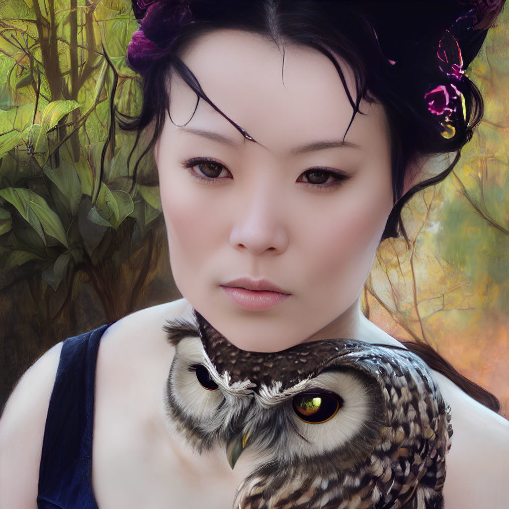 Digital artwork featuring woman with owl on shoulder against natural backdrop