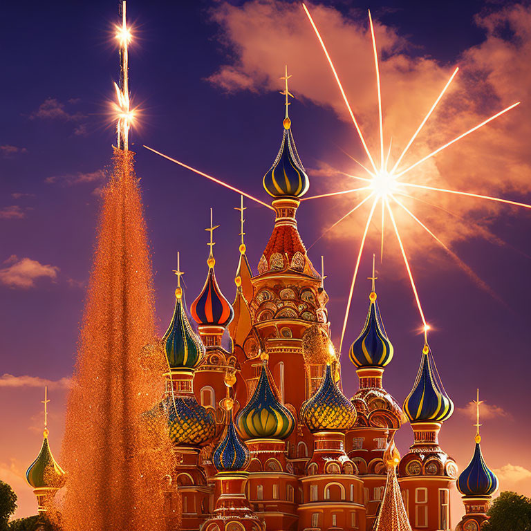 Colorful domes of Saint Basil's Cathedral in Moscow with vibrant sunset sky and fireworks