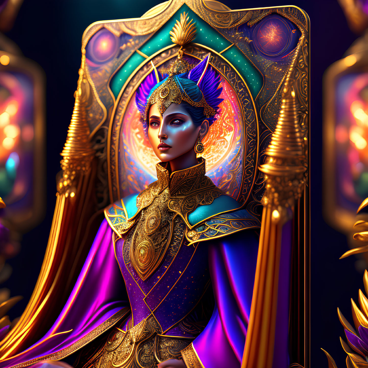 Regal woman on playing card with golden jewelry and purple cloak