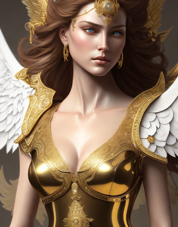 Illustrated female figure with angelic wings in golden armor and gem-encrusted tiara