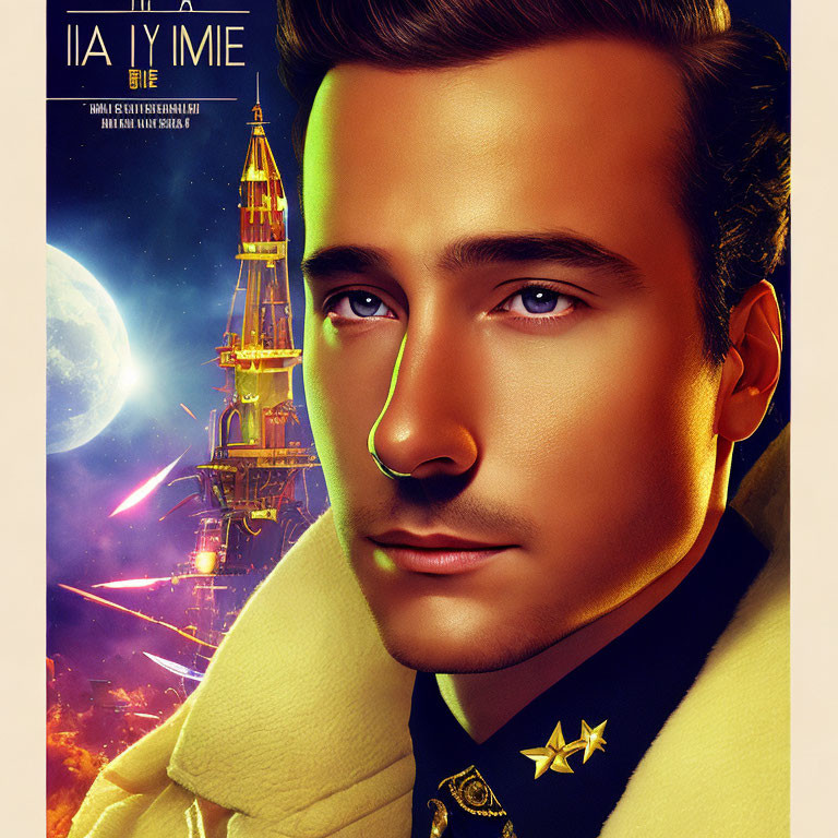 Sci-fi themed movie poster with male character close-up and futuristic tower.