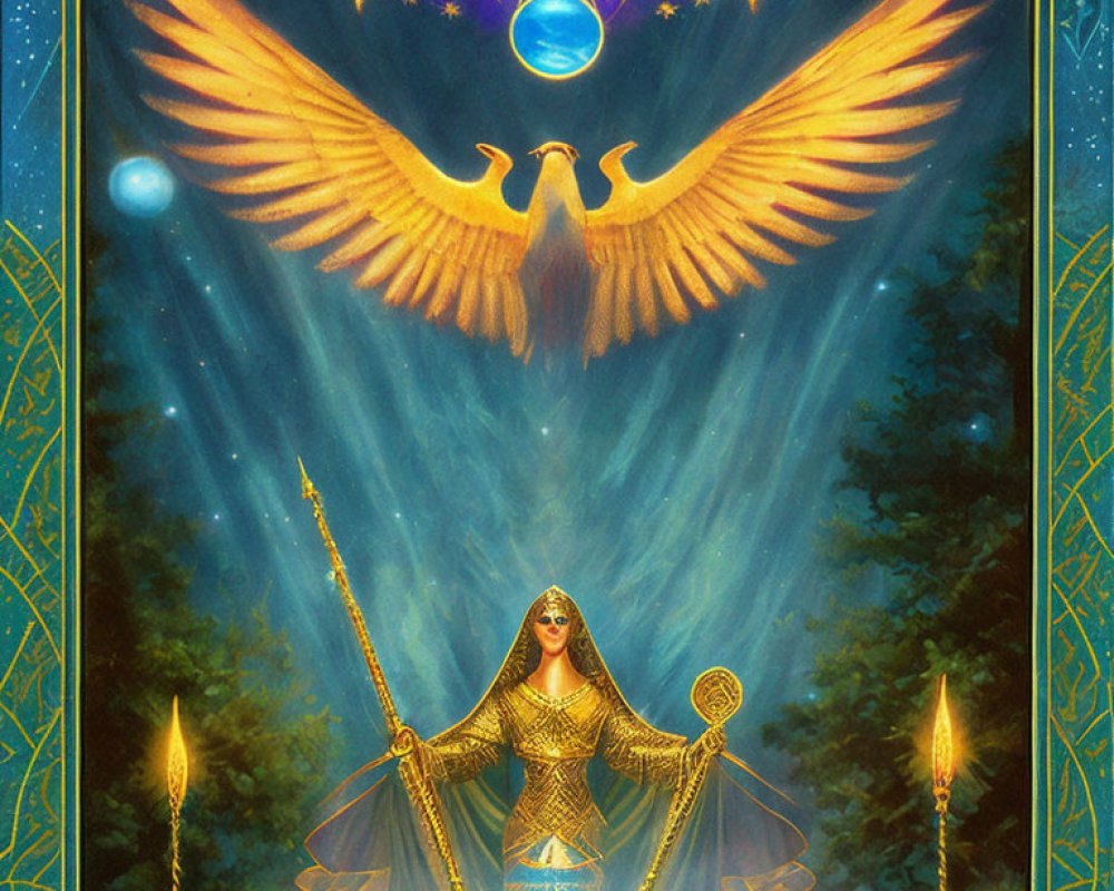 Celestial being and golden-armored figure in mystical forest scenery