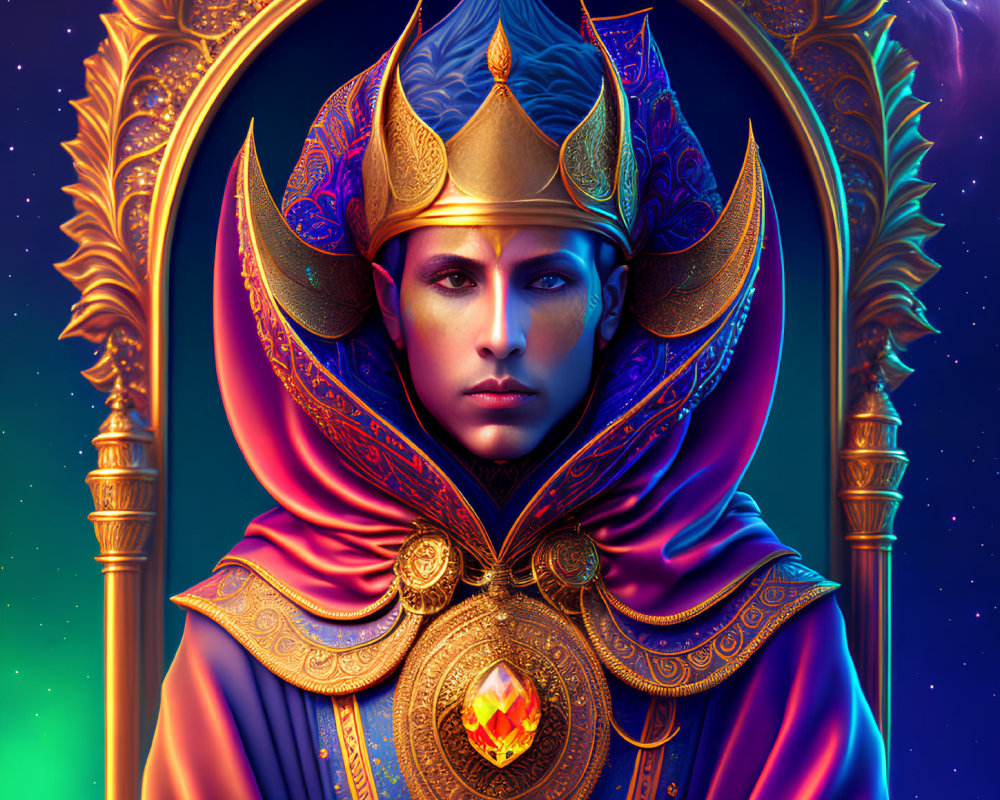 Regal Figure in Golden and Blue Attire with Gemstone on Cosmic Background