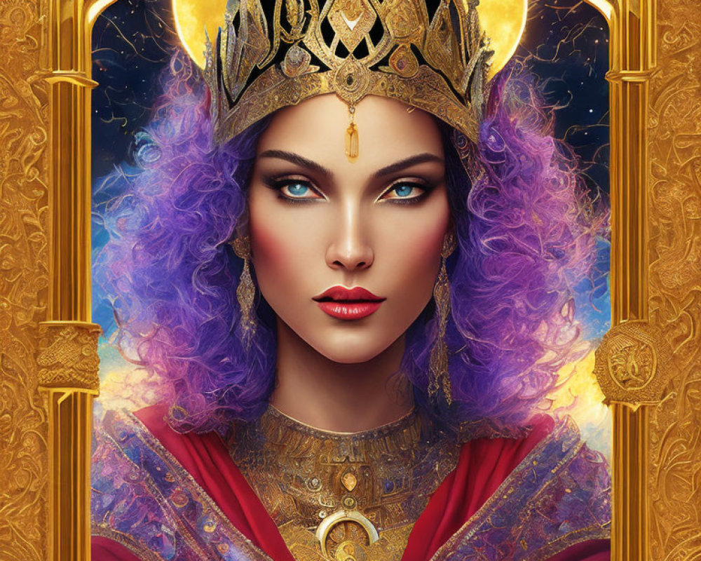 Regal Figure with Golden Crown and Purple Hair on Celestial Background